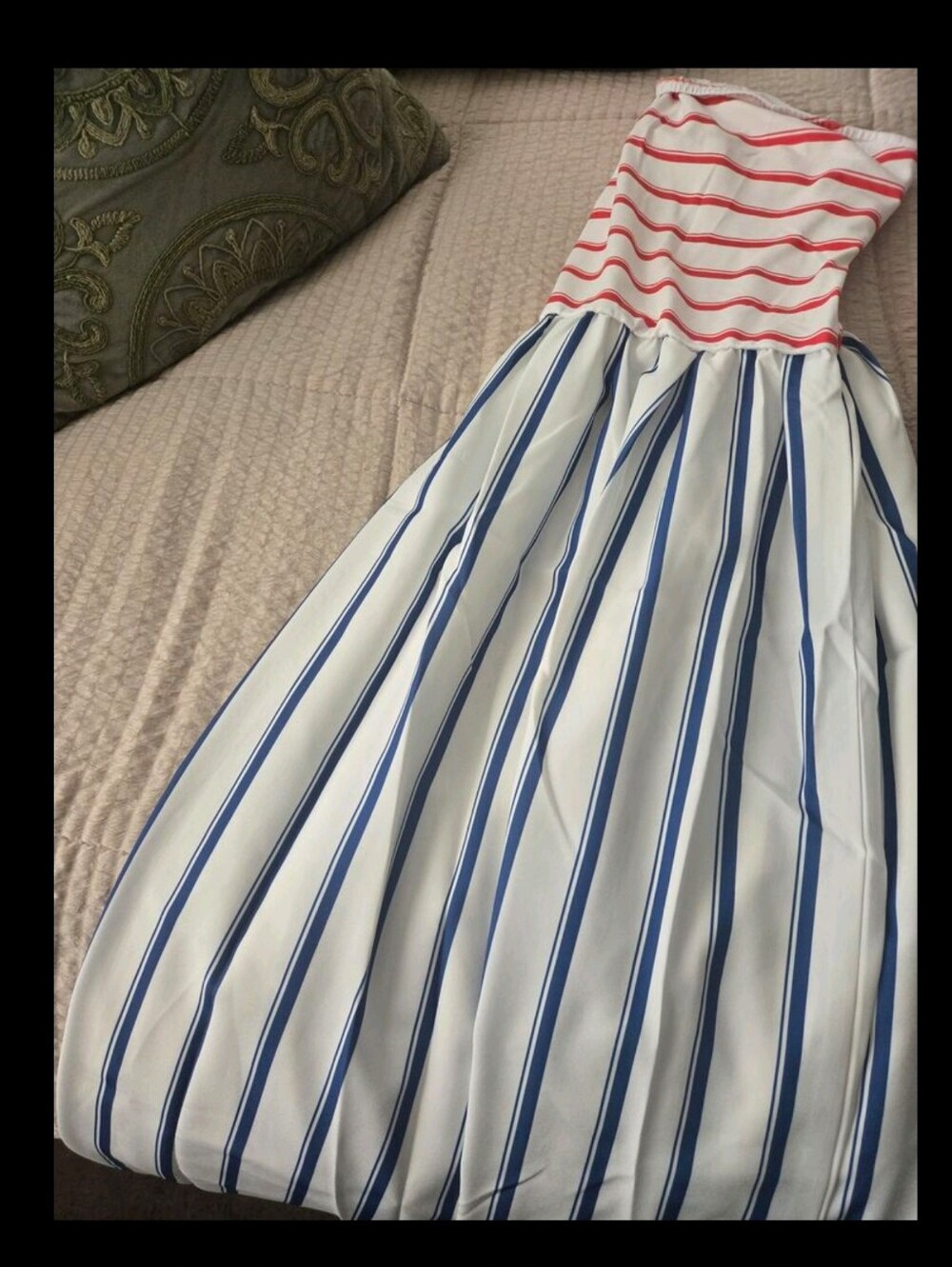 Women Summer Striped Bandeau Contrast Color Maxi Dress, Waist Slimming Backless - Picture 4 of 5